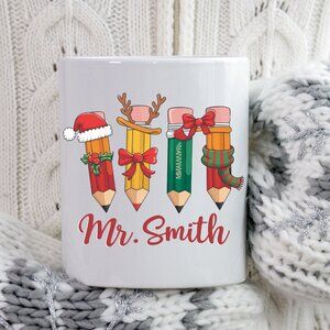 Personalized Christmas Teacher Mug - 11oz White with Festive Pencil Design